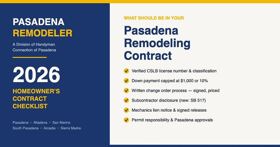 Pasadena remodeling contract checklist for 2026 showing CSLB license verification, down payment cap, change orders, subcontractor disclosure, mechanics lien and permit requirements