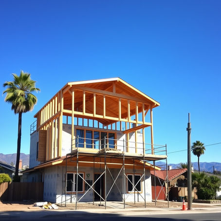 Second story addition framing on a Pasadena home with new roof trusses and scaffolding against the San Gabriel Mountains