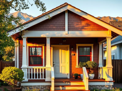 Restored 1920s Craftsman bungalow exterior in Pasadena at golden hour with exposed rafter tails and tapered porch columns against the San Gabriel Mountains