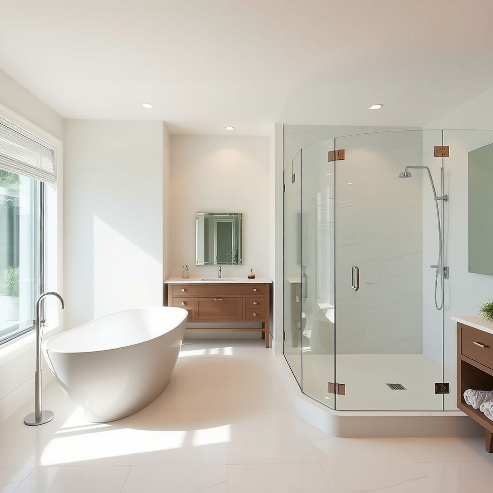Spacious luxury bathroom in Pasadena CA featuring a freestanding soaking tub, walk-in glass shower, and warm wood custom vanity cabinets.
