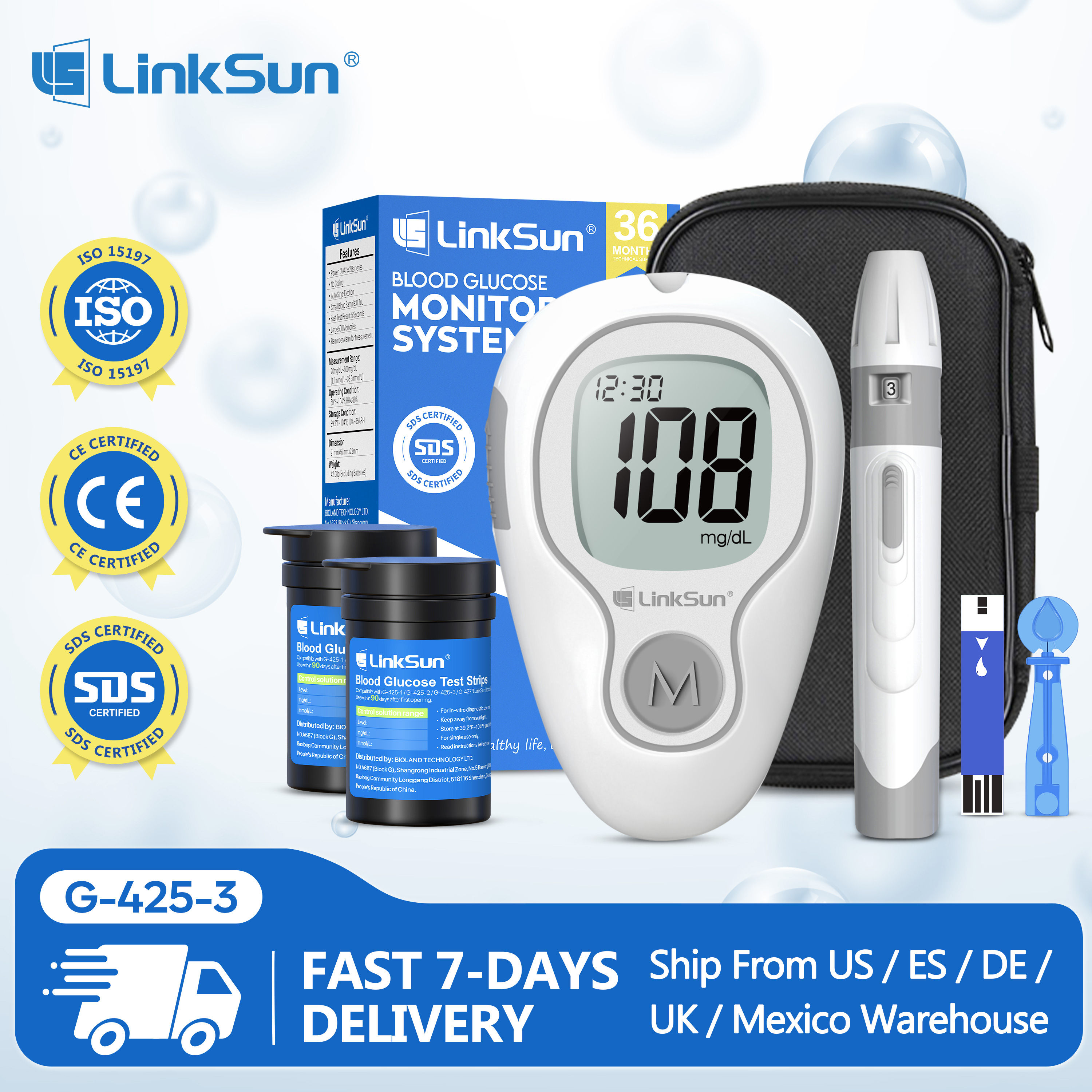 LinkSun Blood Glucose Meter G-425-3 Glucometer No Code for Diabetes Test 10/50/1