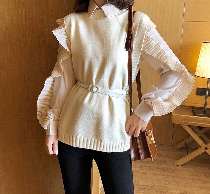 Thumbnail: 🇰🇷Korea 波浪袖衫+針織背心 顏色：杏/黑白/黑 尺寸：F（S～XL） 平量尺寸：胸53/長63cm 材質：針織+襯衫(有附皮帶) 