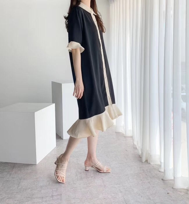 Thumbnail: 正韓春季新款 🇰🇷撞色魚尾洋 顏色：杏/黑/藍 尺寸：F（S～小乚） 材質：雪紡 