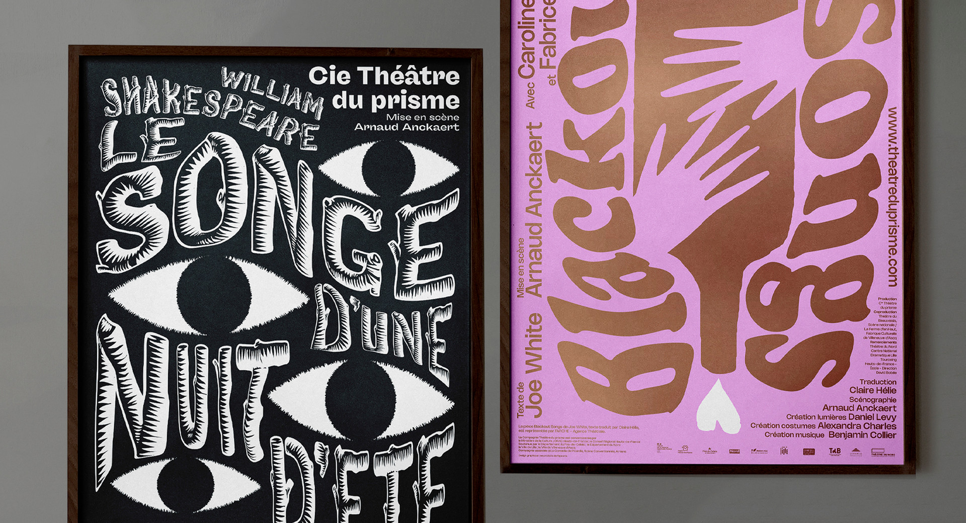 Les produits de l'épicerie, design graphique, affiches des spectacles Le Songe du nuit d'été et de Blackout Songs pour la compagnie Théâtre du prisme