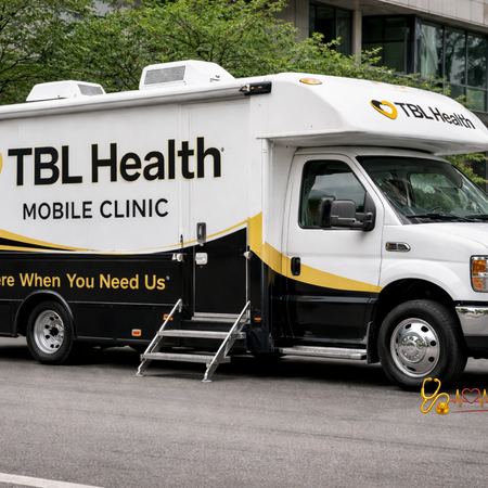 Exterior view of a TBL Health mobile clinic designed to deliver healthcare services directly to neighborhoods and community settings.