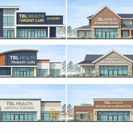 Conceptual renderings of multiple TBL Health facilities, including urgent care, primary care, behavioral health, wellness centers, lifestyle coaching, and education and prevention hubs.