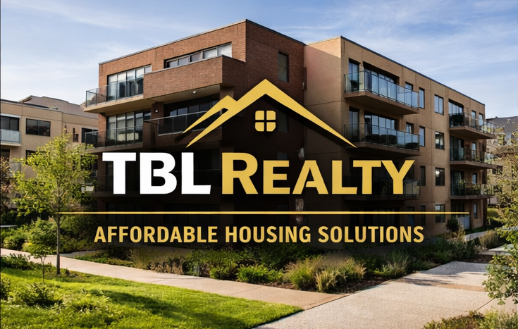 Exterior view of a modern multi-story residential apartment building with balconies, landscaped walkways, and green space. A large overlay logo reads “TBL Realty – Affordable Housing Solutions.”