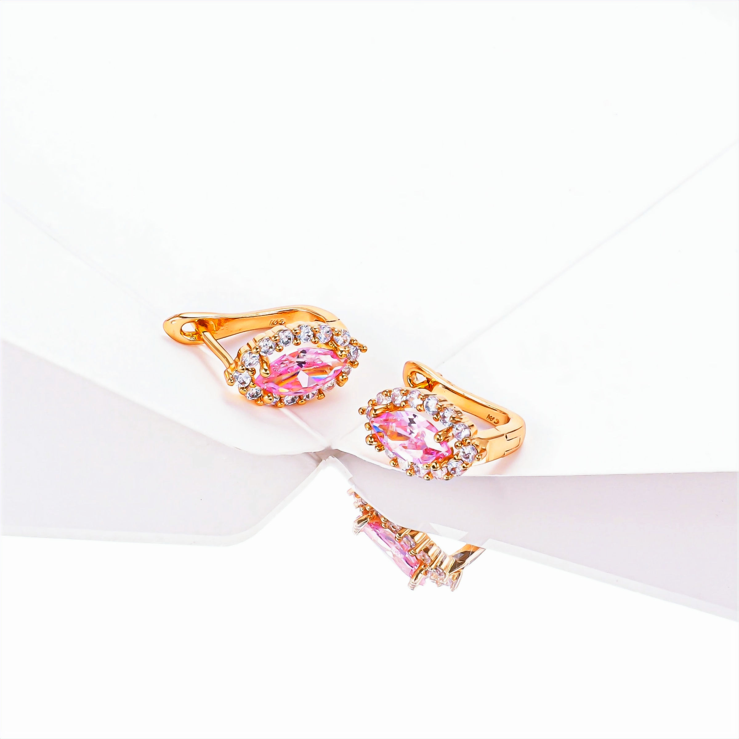 Gold Plated Pink Marquise Halo Leverback Earrings
