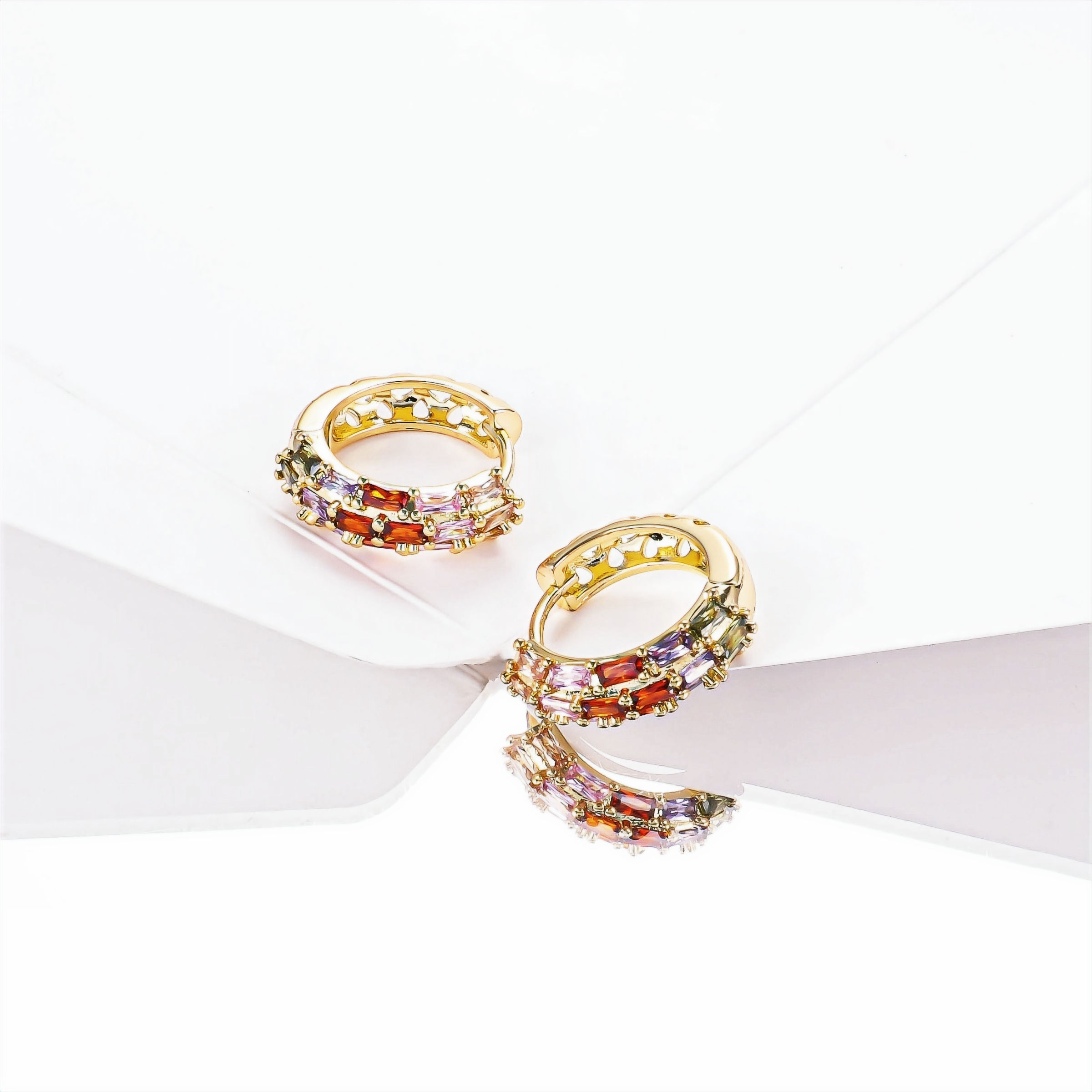 Multicolor Rainbow Baguette Huggie Hoop Earrings