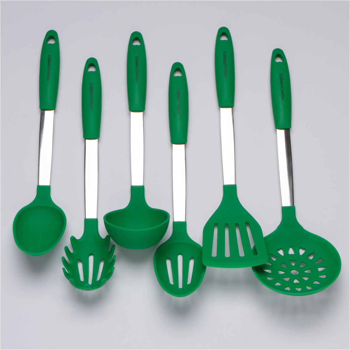 Green Cooking Utensil Set 6 piece Stainless Steel and Silicone