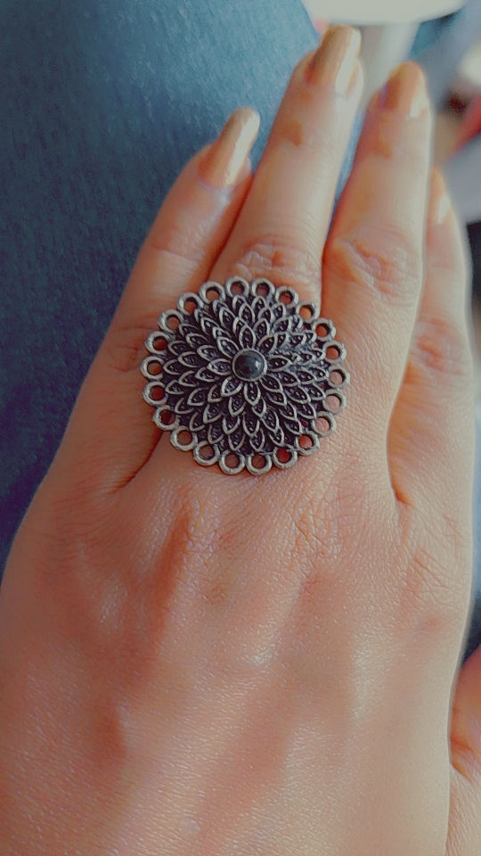 Thumbnail: Flower Petals with black stud: German Silver Oxidized Finger Ring