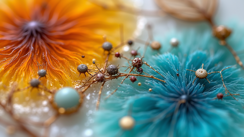Close-up view of colorful resin art with embedded natural elements