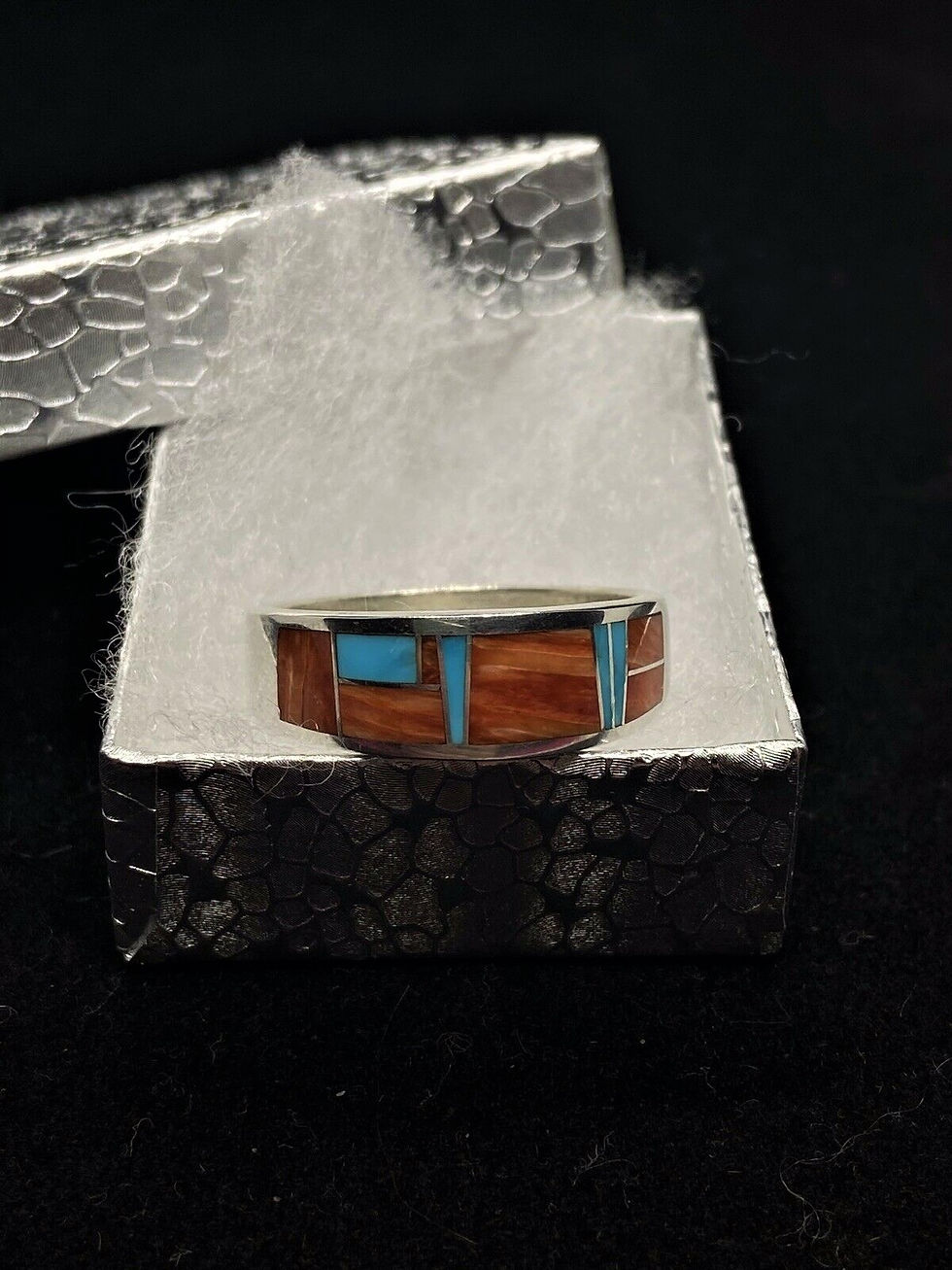 Thumbnail: Navajo Sterling Spiny Oyster & Sleeping Beauty Turquoise Inlay Men Ring Size 12