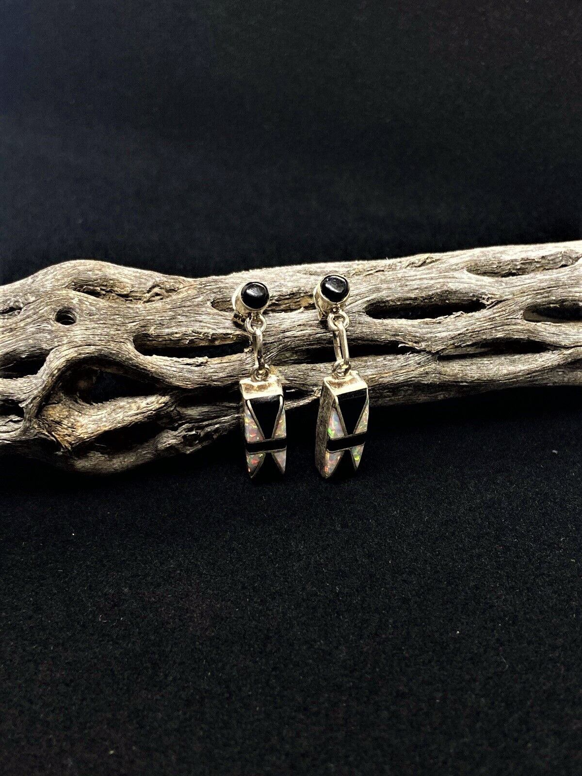 Handmade Zuni Sterling Silver Jet & Opal Inlayed Dangle Post Earrings