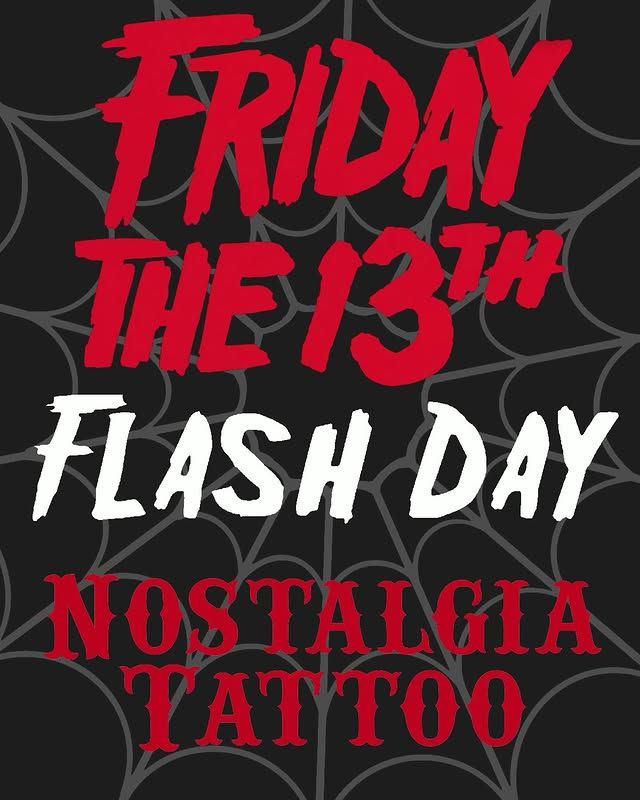 Friday the 13ths flash tattoos, vampire teeth, black cat, bullets, cherries, skuls. 