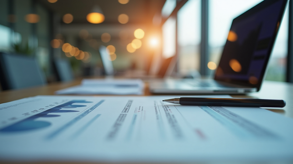 Eye-level view of a modern office desk with accounting documents and a laptop