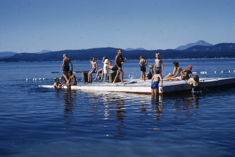 Swimming and diving raft provided by SIPOA in the 1950s and 60s. Every summer Tony, John and Jimmy McIntyre would voluntarily string floats to the beach to protect the swimmers from boats.
