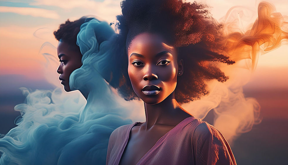 woman's ego in the background telling her what to do