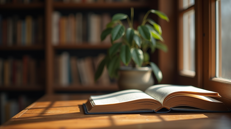 Eye-level view of a cozy reading nook with a stack of books