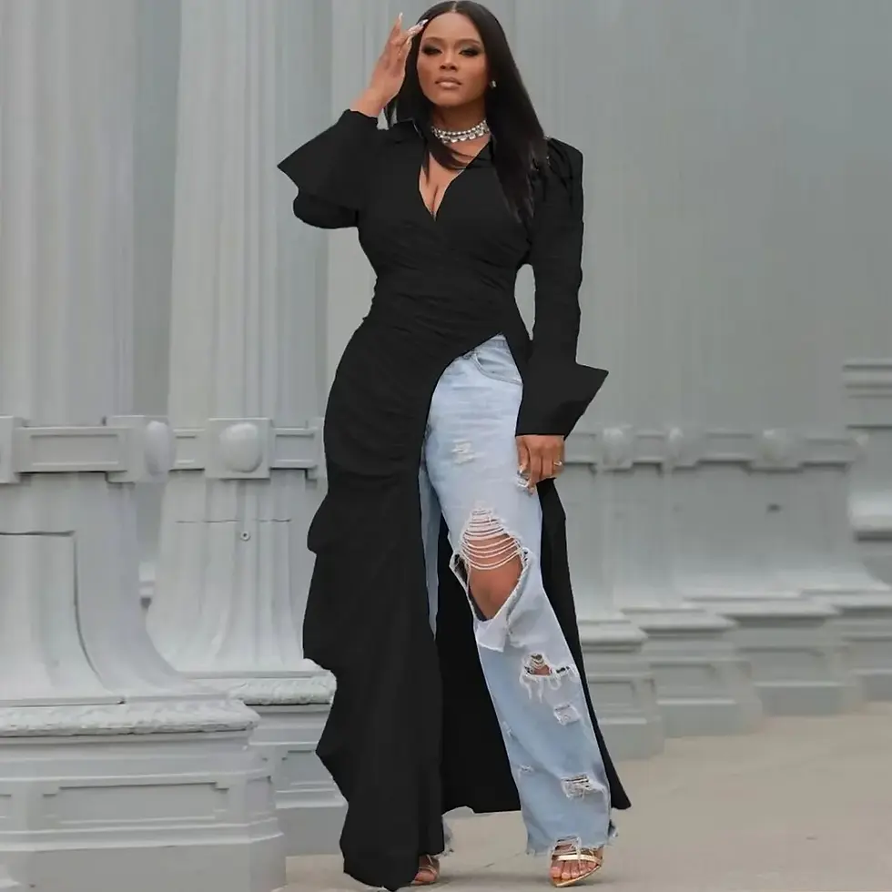 Thumbnail: CM.YAYA Vintage Women Long Sleeve High Side Split Ruched Up Wrap Lapel Collar
