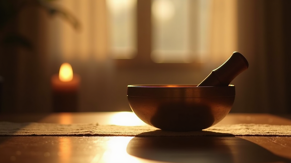 Close-up view of a singing bowl with soft light reflecting off its surface