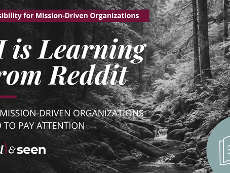 Black-and-white forest stream with text reading, “AI Is Learning From Reddit, and Mission-Driven Organizations Need to Pay Attention,” alongside the Cited & Seen logo and a book icon.