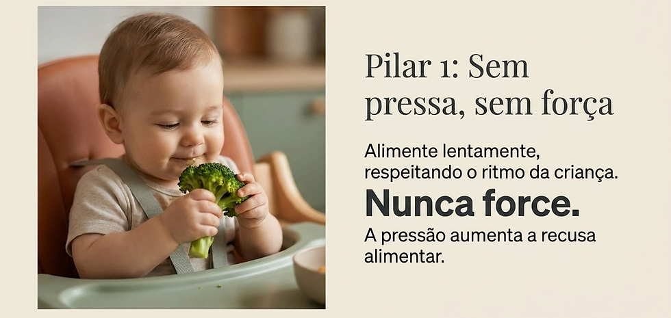 Bebê em cadeira alta segura brócolis; ao lado, texto: Pilar 1: Sem pressa, sem força. Nunca force.