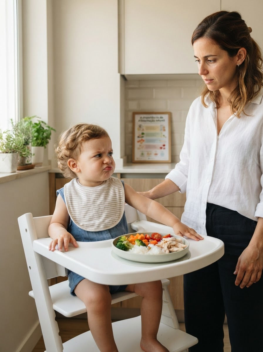 Bebê franzindo a testa na cadeira alta, ao lado de mulher em cozinha clara, com prato de legumes e frango na bandeja.