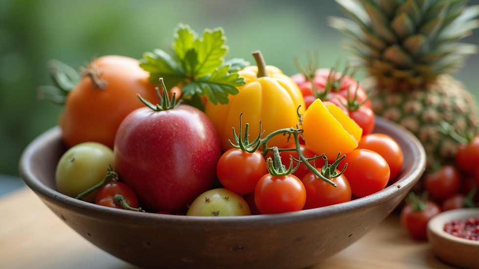 Tigela colorida com frutas e vegetais frescos.