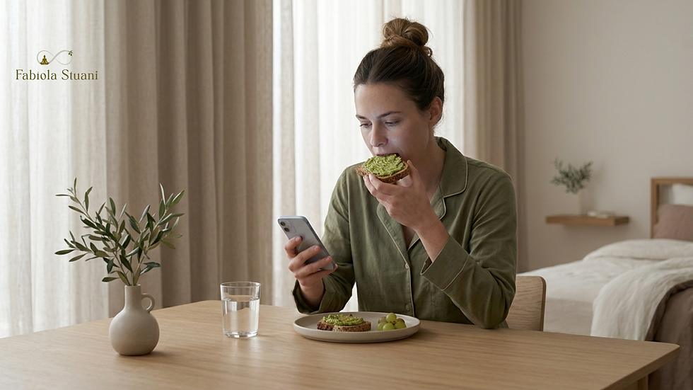 mulher comendo distraída no celular, comportamento que pode afetar a saciedade e a resposta da insulina