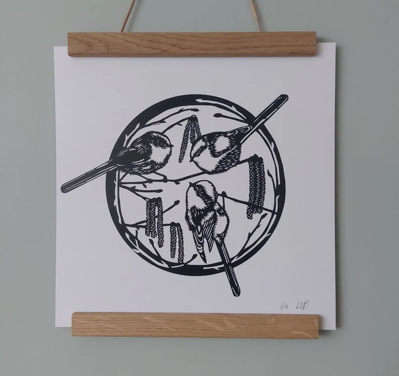 'Long-tailed Tits & Catkins' art print, papercut illustration, free postage