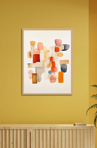Maximalist art showing abstract objects in orange, yellows, greys and gold
