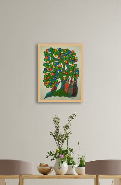Gond folk and tribal art, hand painted by authentic artisans, comes glass framed, free shipping.
