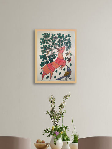 Gond folk and tribal art, hand painted by authentic artisans, comes glass framed, free shipping.