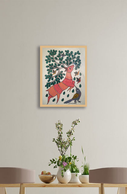 Gond folk and tribal art, hand painted by authentic artisans, comes glass framed, free shipping.