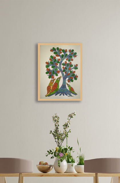 Gond folk and tribal art, hand painted by authentic artisans, comes glass framed, free shipping.