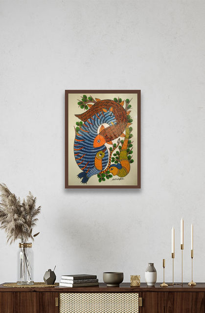 Gond folk art, hand painted, glass framed
