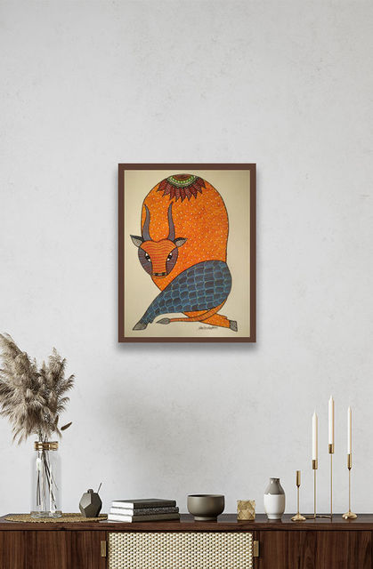 Gond folk and tribal art, hand painted by authentic artisans, comes glass framed, free shipping.