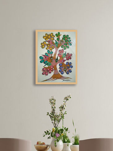 Gond folk and tribal art, hand painted by authentic artisans, comes glass framed, free shipping.