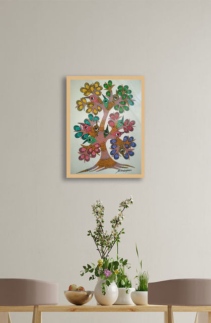 Gond folk and tribal art, hand painted by authentic artisans, comes glass framed, free shipping.