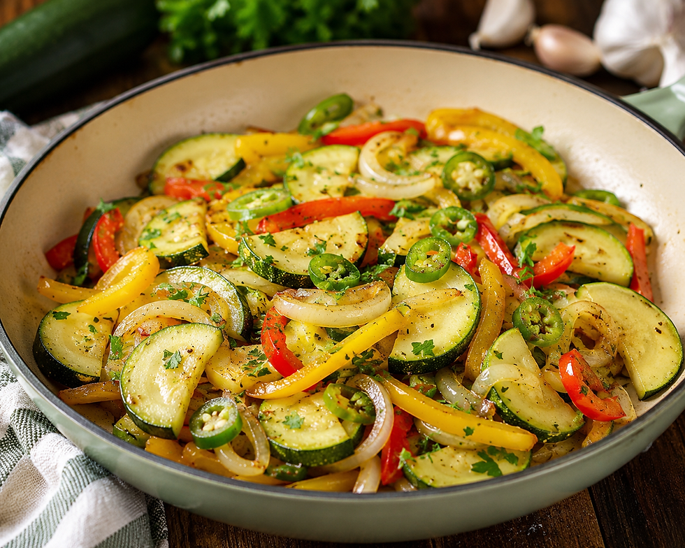  Summer zucchini and pepper skillet made with sliced zucchini, onions, jalapeños, and Hungarian Hot Wax peppers.