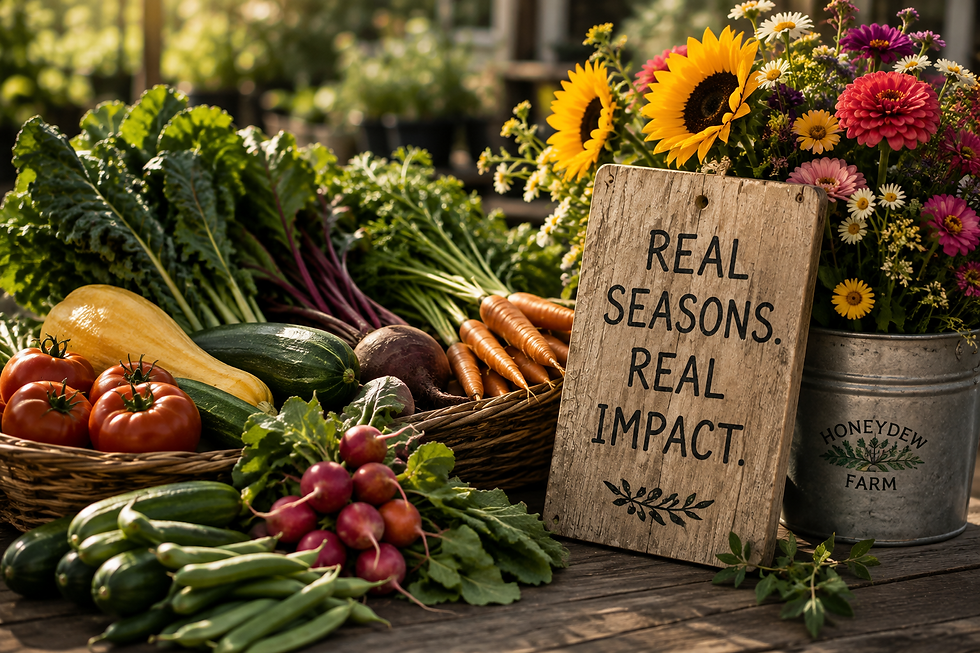 Fresh farm produce with sign reading Real Seasons Real Impact