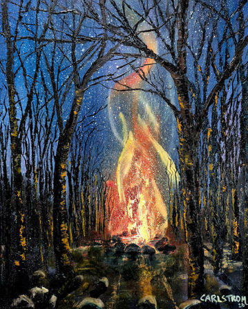 A glowing campfire burns within a circle of tall trees in a quiet forest at dusk.