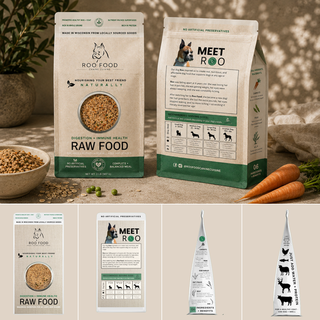 Raw dog food packaging from Roo Food