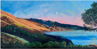 Rolling mountains descend toward a calm blue bay beneath a pastel evening sky with a full moon above the horizon.