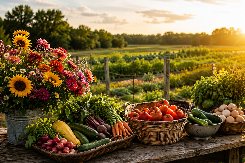 Fresh farm produce and flowers at Honeydew Farm sunset.