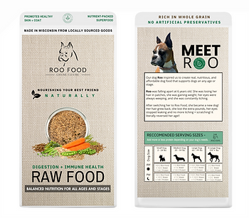 The front and back of a bag of Roo Food