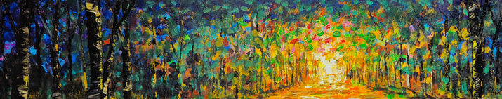 A colorful forest path leads toward bright golden light filtering through dense trees painted with expressive brushstrokes.