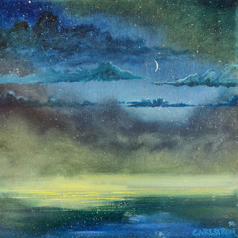 Soft evening clouds hover above calm water with subtle reflections beneath a peaceful twilight sky.