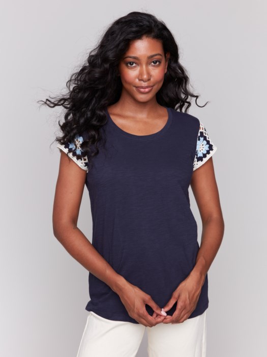 T-shirt manches Crochet - Marine -